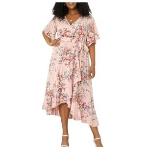 Keluummi Floral Women Maxi‎ Dress US 20 Pink Flowy Ruffle Flutter Sleeve V Neck